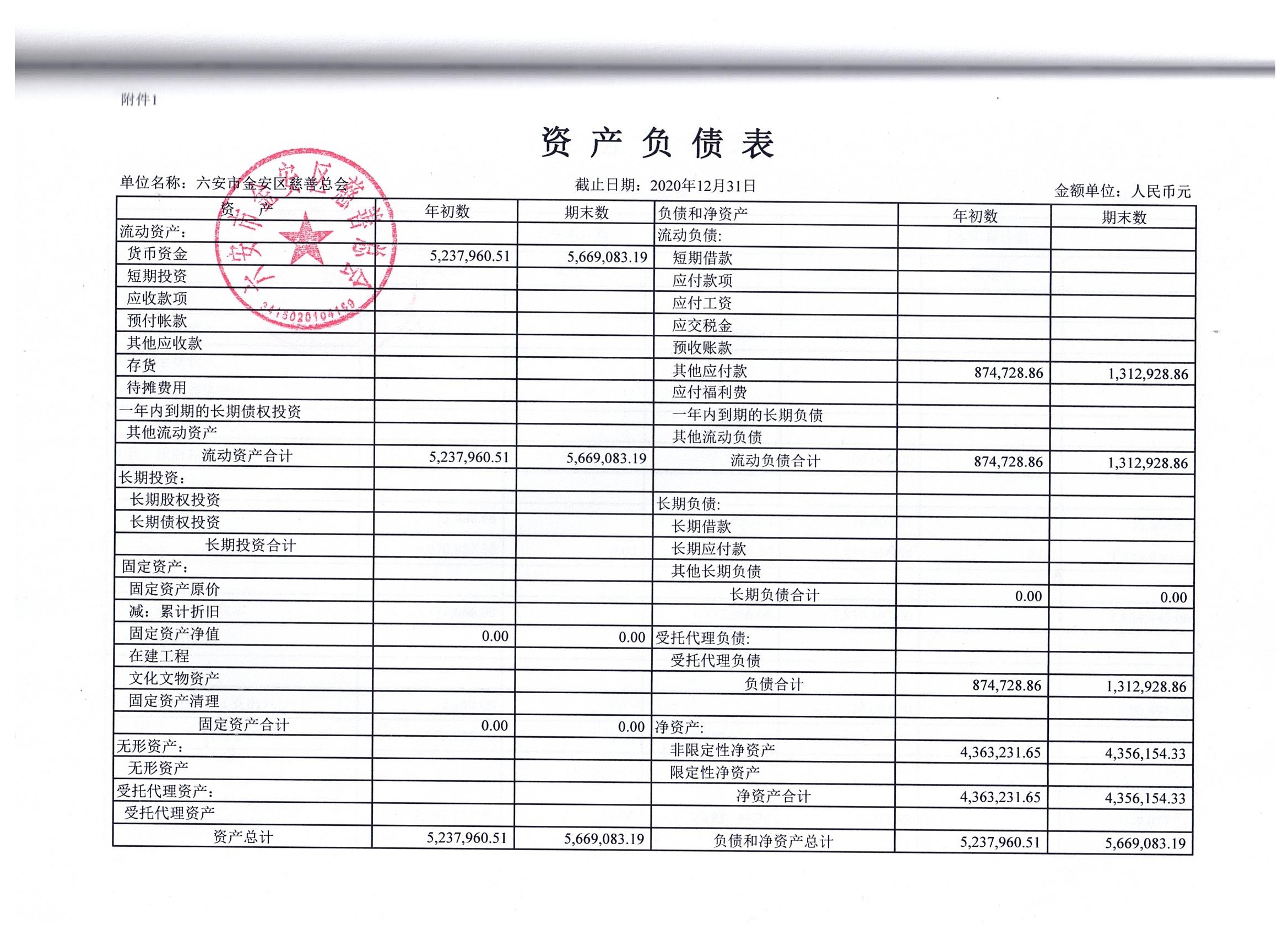 六安市金安区慈善总会2020年年度财务报告